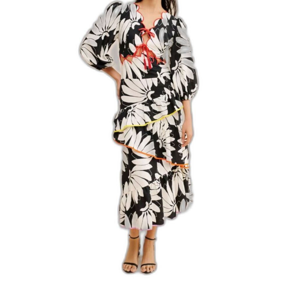 FARM Rio Cutout Tiered Maxi Dress Black White  Bishop Sleeves Large